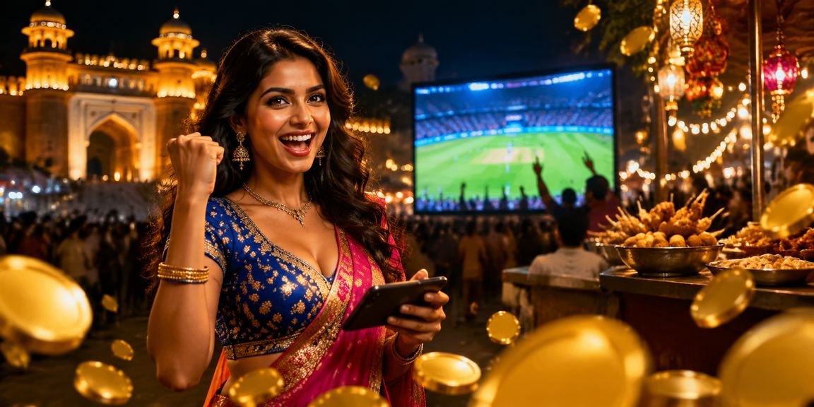 Vibrant India night market with people engaged with mobile betting apps