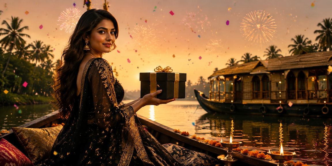 Gorgeous woman playing Rummy with joy at Kerala backwaters